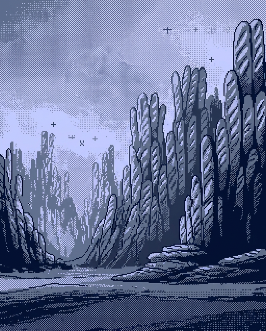Image générée : un paysage en pixels dont les falaises sont des baguettes empilées.